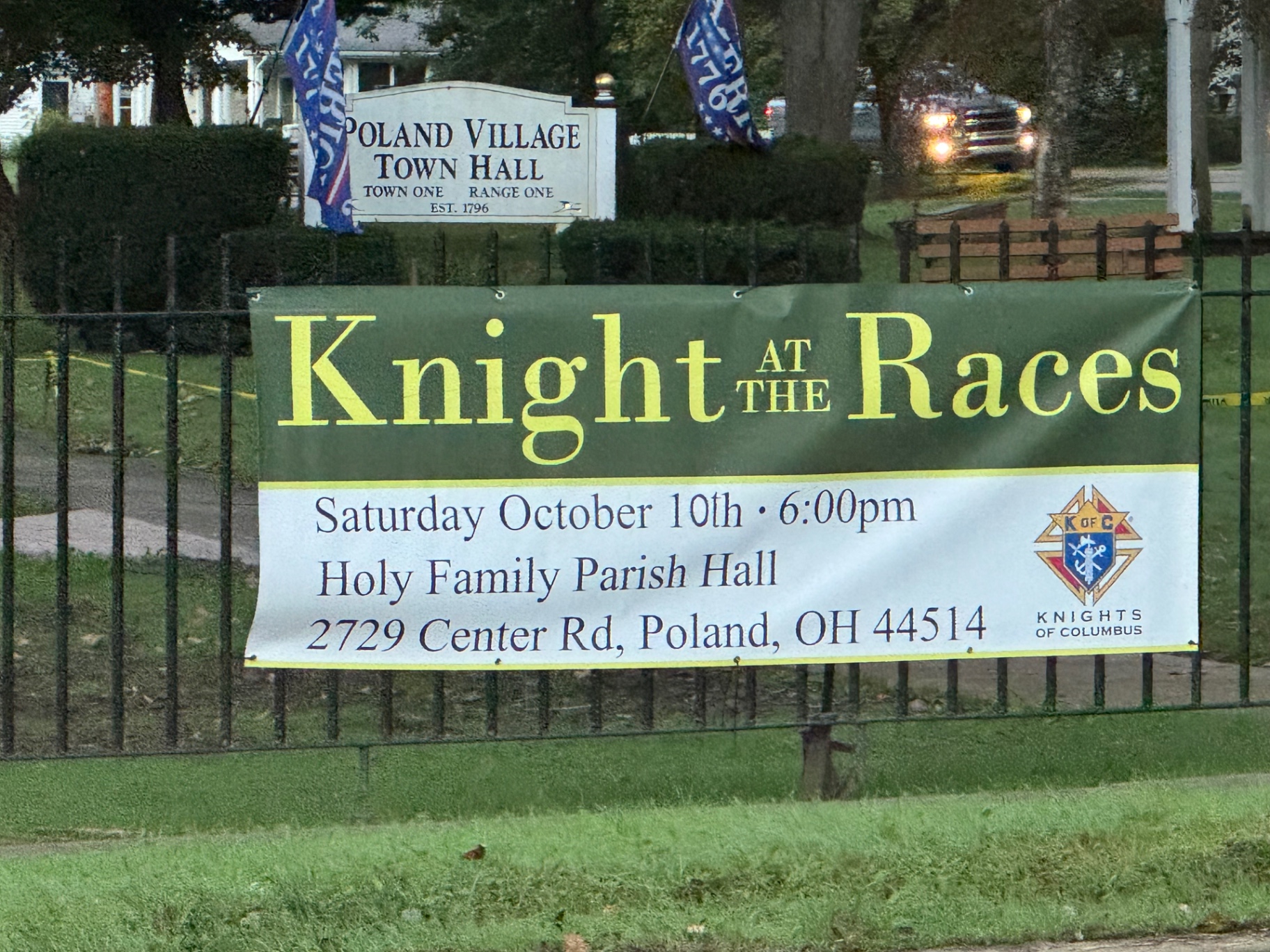 Knight at the Races (Banner at Poland Village Town Hall)